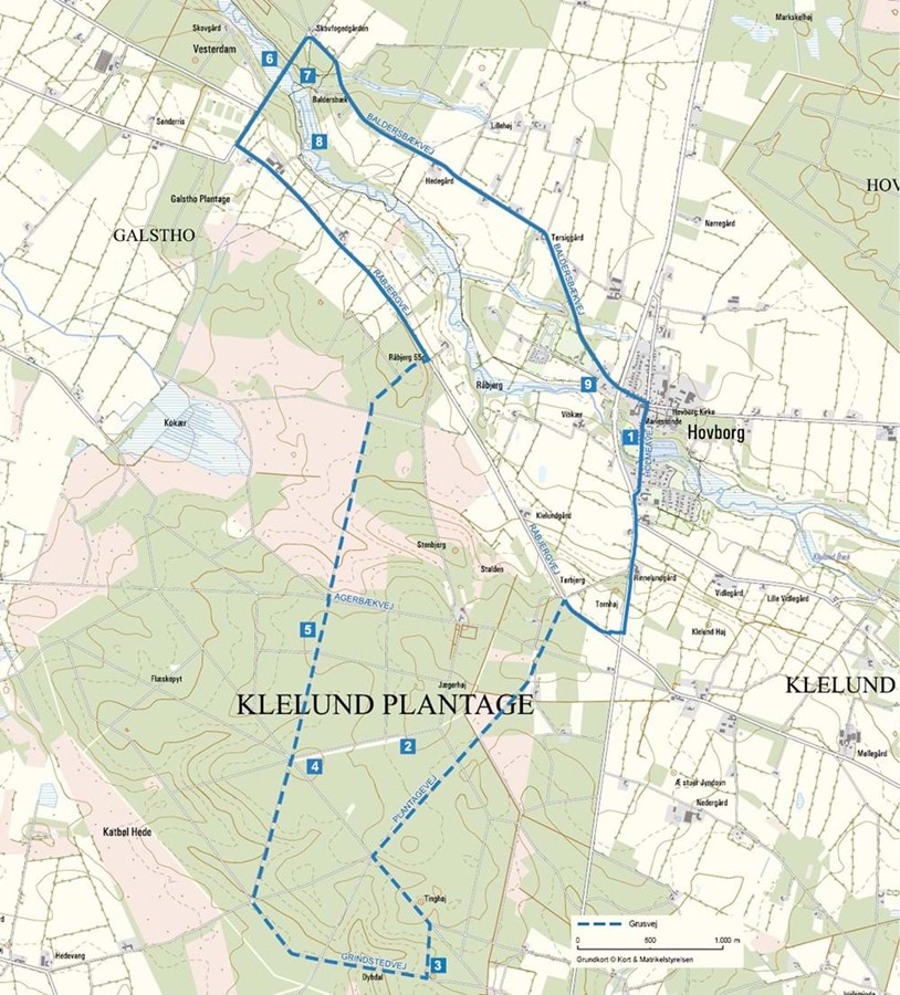 Cykelrute 13: Hovborg vest - billedet viser ruten på 17 kilometer fra Hovborg, Klelund Plantage, Baldersbæk Plantage og tilbage til Hovborg.