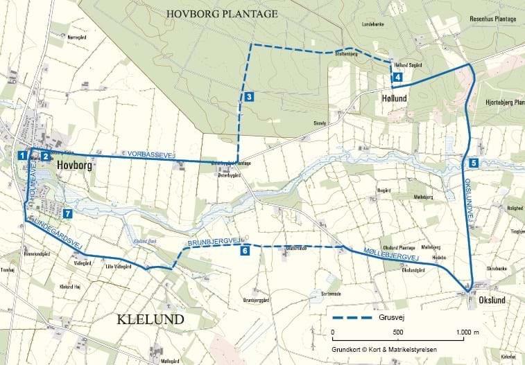 Cykelrute 12: Hovborg øst - billedet viser den 15 kilometer lange tur fra Hovborg til Hovborg Plantage, Høllund Søgård og tilbage til Hovborg.