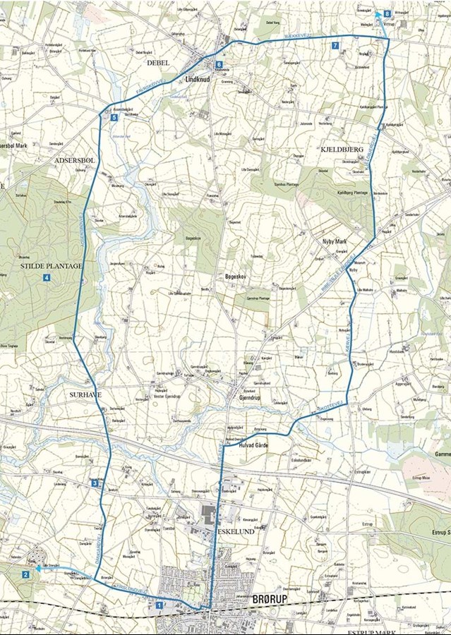 Cykelrute 2 Brørup - Nord. Billedet viser ruten på 27 kilometer, som går gennem Brørup, Stilde Plantage, Lindknud og tilbage til Brørup.