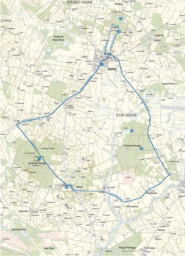 Cykelrute 6: Bække-Gesten. Billedet viser en 22 kilometer lang rute fra Bække til Stavshede Plantage, Læborg, Hundsbæk Plantage og tilbage til Bække.