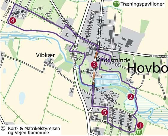 Kort over vandreture fra træningspavilloner i Hovborg