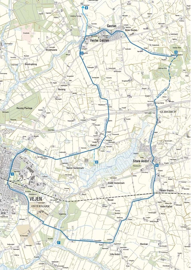 Cykelrute 5: Vejen - Gesten - billedet viser en 28 kilometer lang rute fra Vejen, over Gesten og Andst og retur.
